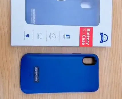 Shockproof silicone iPhone battery charger case in black, blue, pink, or white, showing integrated high-capacity battery.