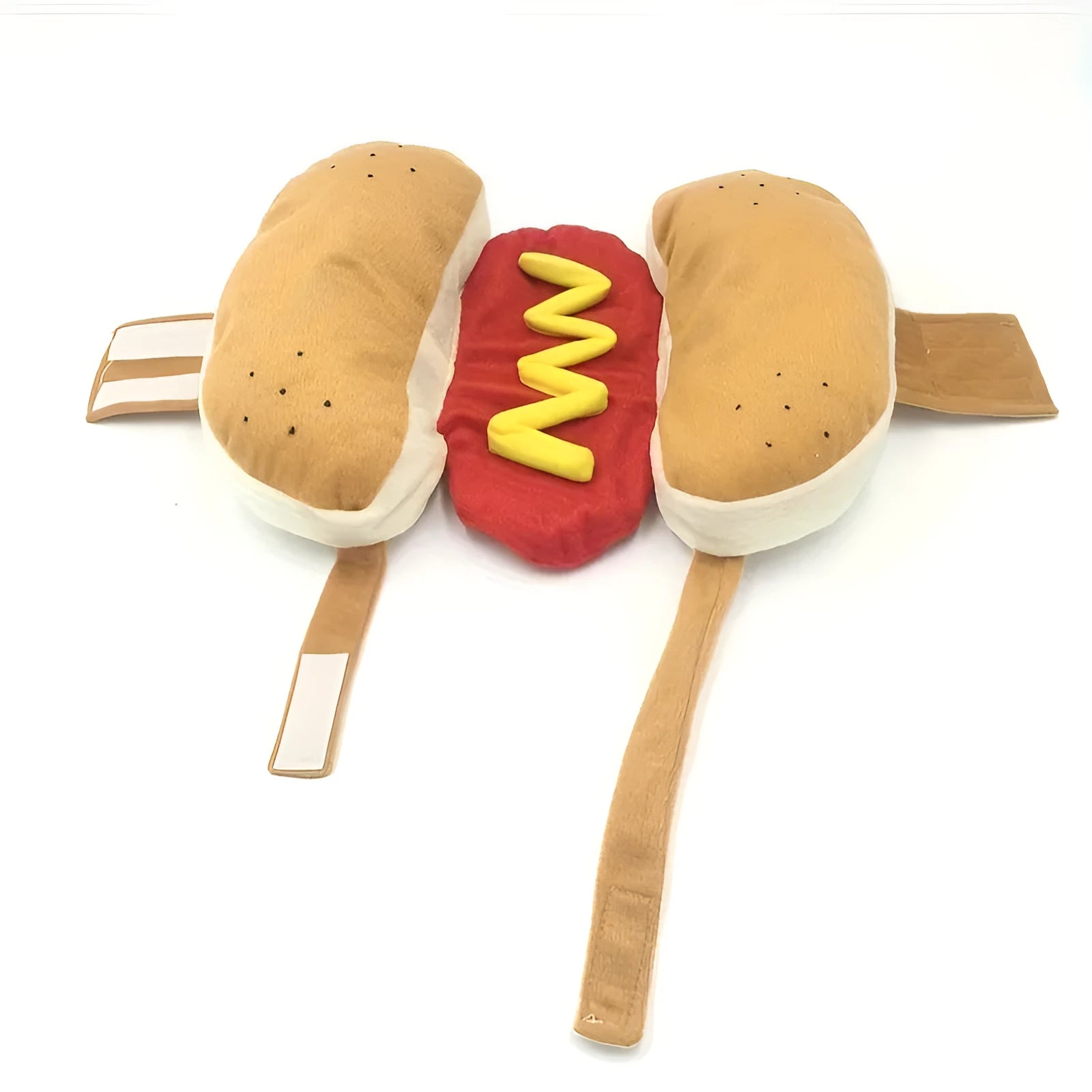 Brown and mustard coloured stuffed hot dog costume for a small dog, showing adjustable neck and waist fasteners.
