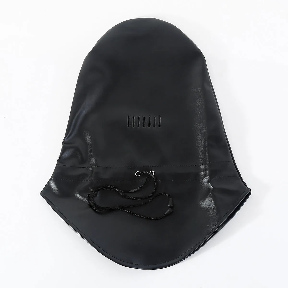 Black PU leather fetish mask with adjustable strap and nose openings