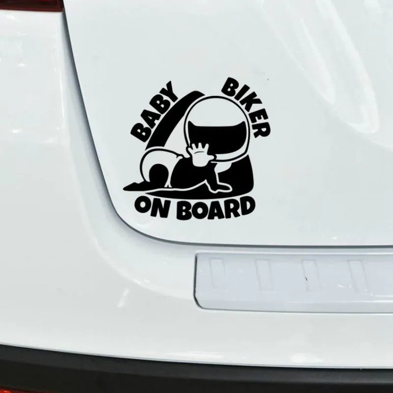 Reflective baby on board car sticker showing 14.5cm x 15cm black and white options