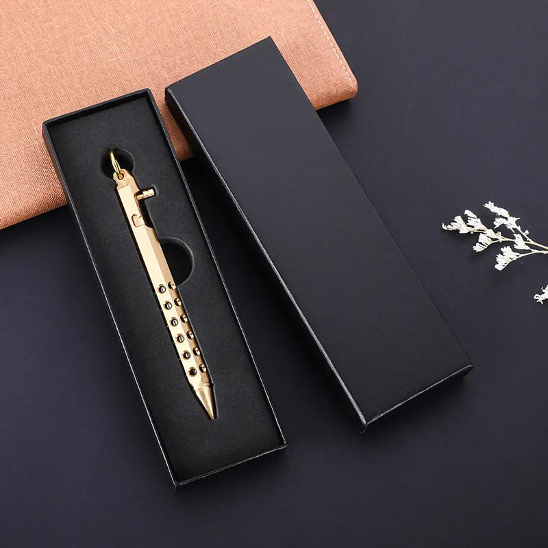 Brass hexagonal bolt pen showing six-sided barrel and bolt detailing with 0.5mm rollerball tip