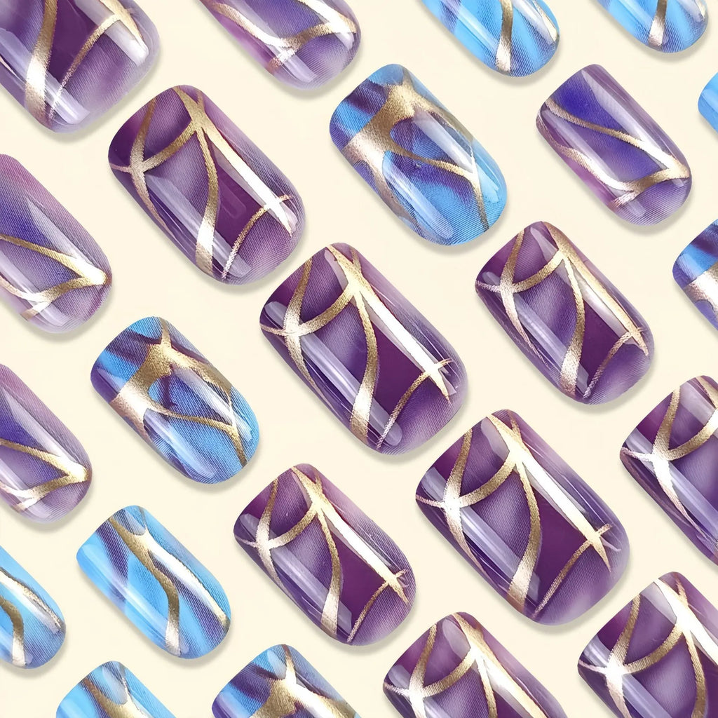 Purple striped nail stickers set in European and American mid-length style