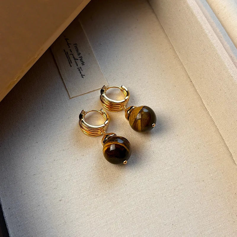 Tigereye geometric earrings with real gold plating in French retro style, available in brown and black colours