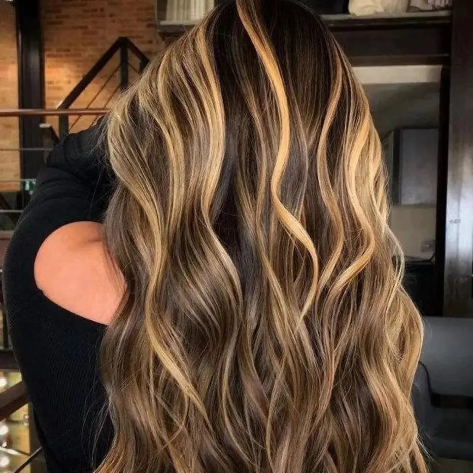 Front lace wig with gradient black colour and big waves, showing side bangs and natural hairline