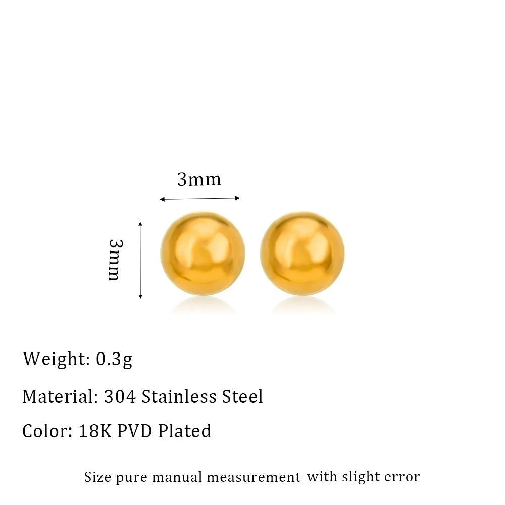 Stainless steel round ball stud earrings on a white background, showing gold and silver plated options.
