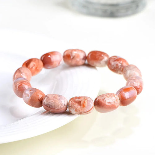 Natural cherry agate barrel bead bracelet with geometric shape and ruyi charm