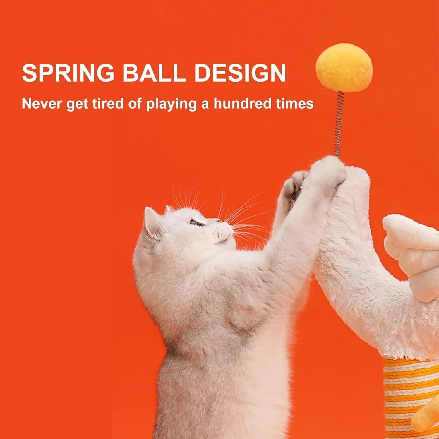 Yellow U-shaped sisal cat scratching post with spring ball attachment measuring 35×35×88cm