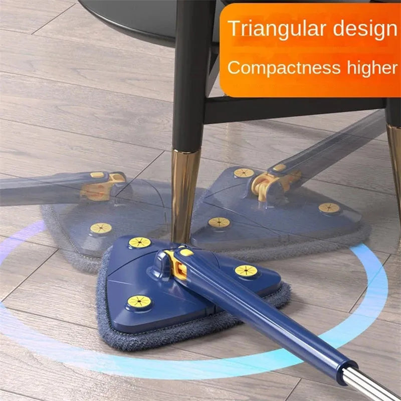 Blue triangle cleaning mop with extendable pole and rotating head for corner cleaning