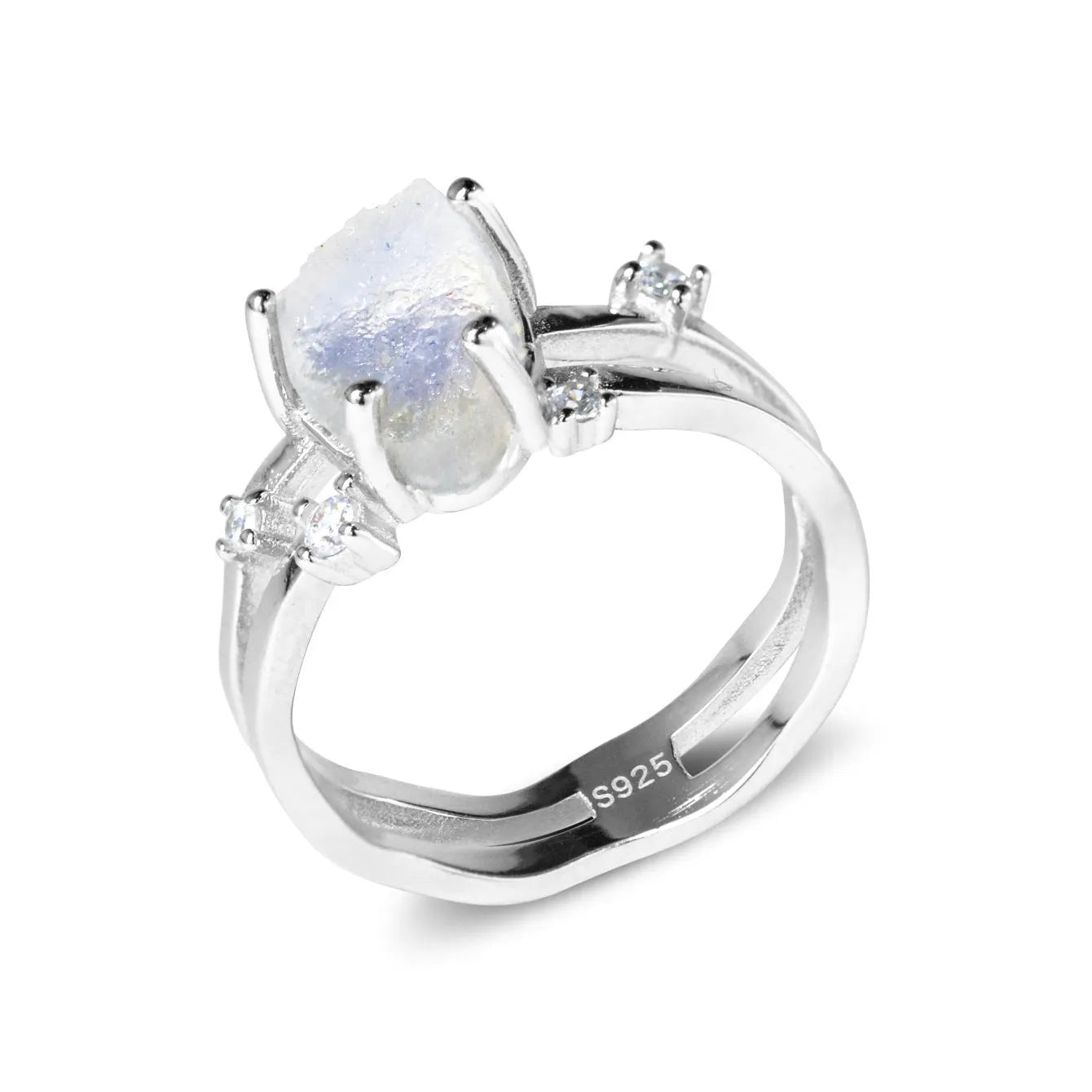 S925 silver geometric ring with irregular triangle design and moonstone detail in rose gold electroplating