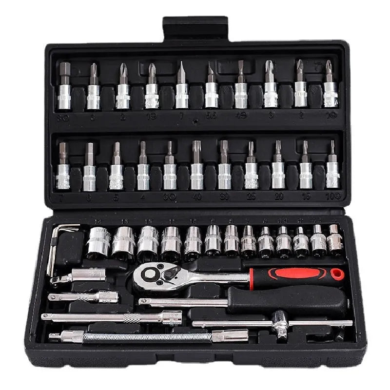 46-piece chromium vanadium steel socket ratchet set with ratchet handles in a black storage case.