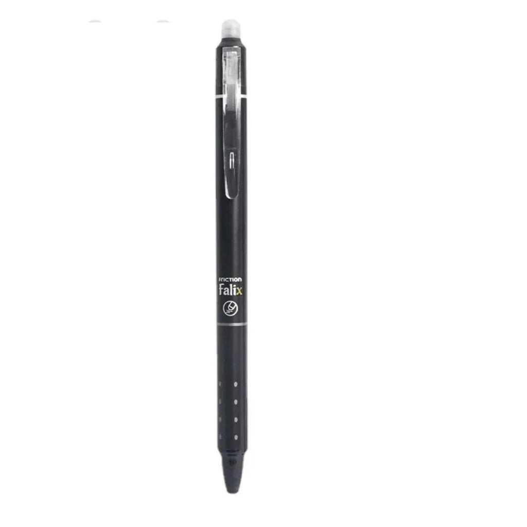 Hot erasable push gel pen with 0.5mm tip, plastic body, shown in blue or black ink for school use.