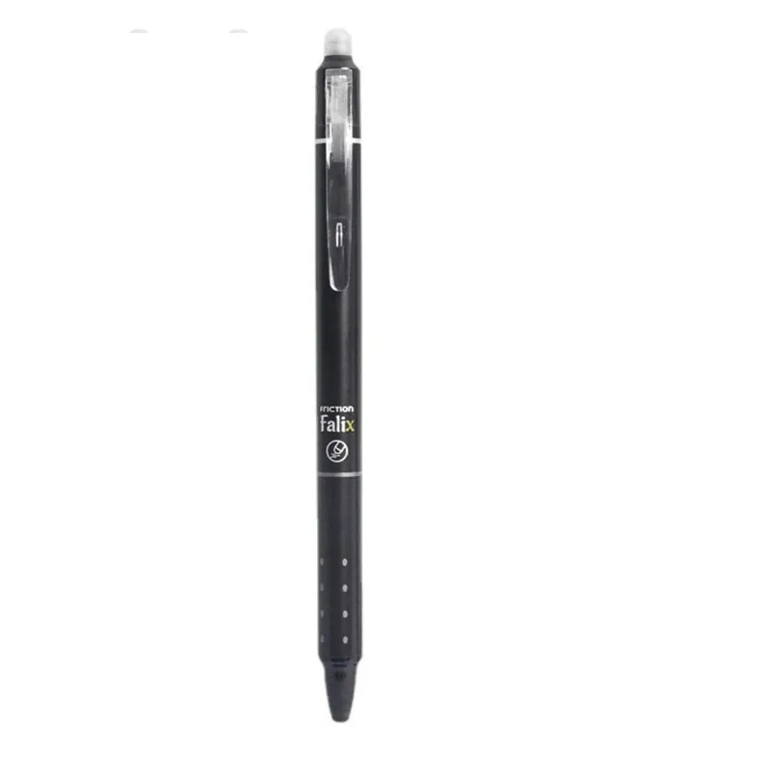 Hot erasable push gel pen with 0.5mm tip, plastic body, shown in blue or black ink for school use.