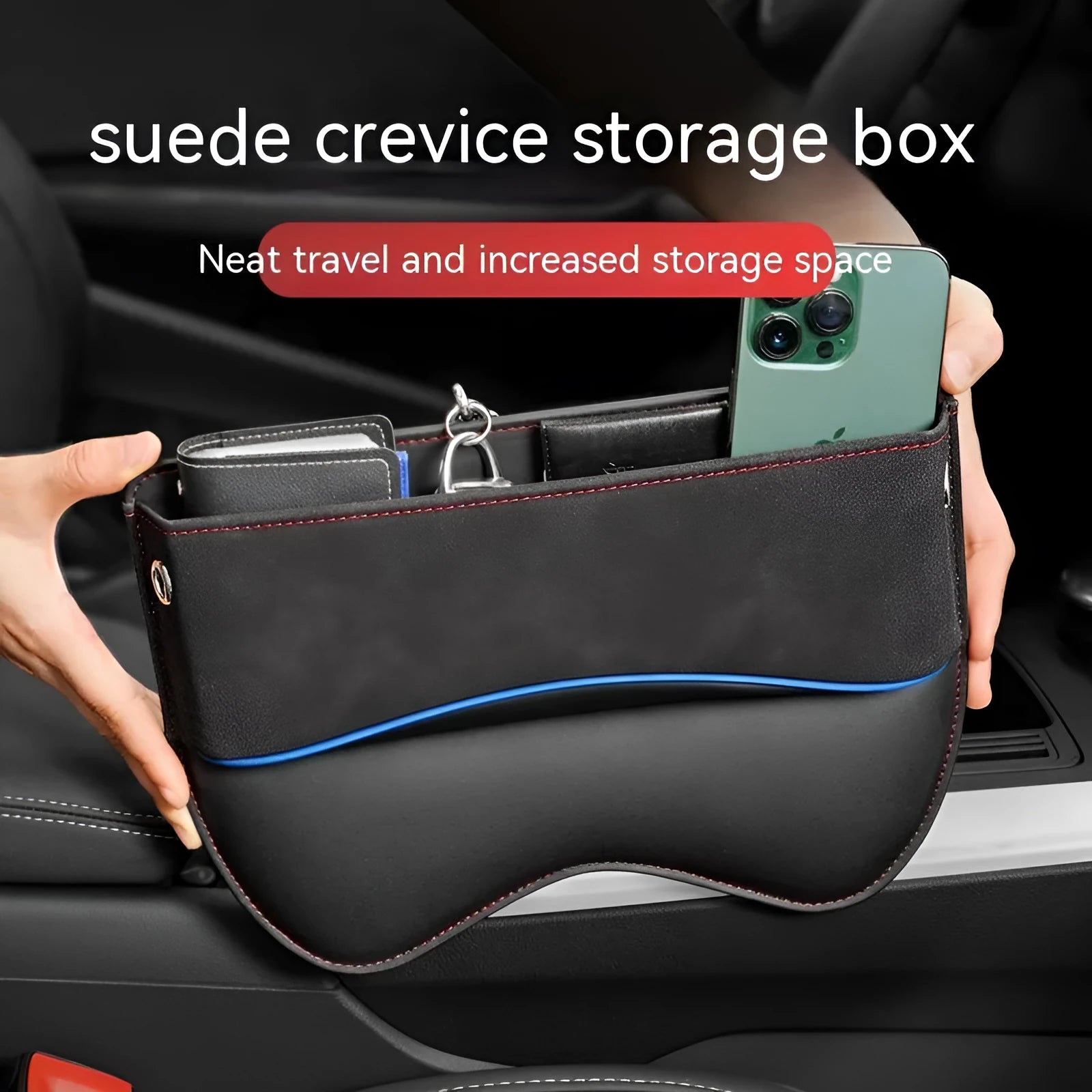 Leather car seat storage box organiser in beige suede colour