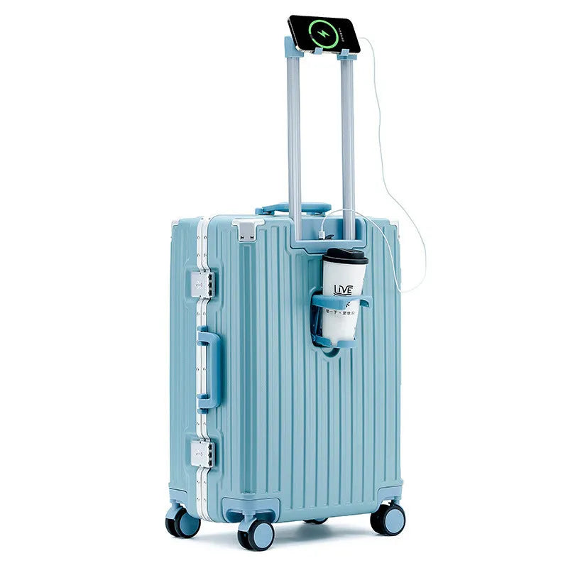 Aluminium frame ABS PC suitcase in avocado green colour with USB port and universal wheels.