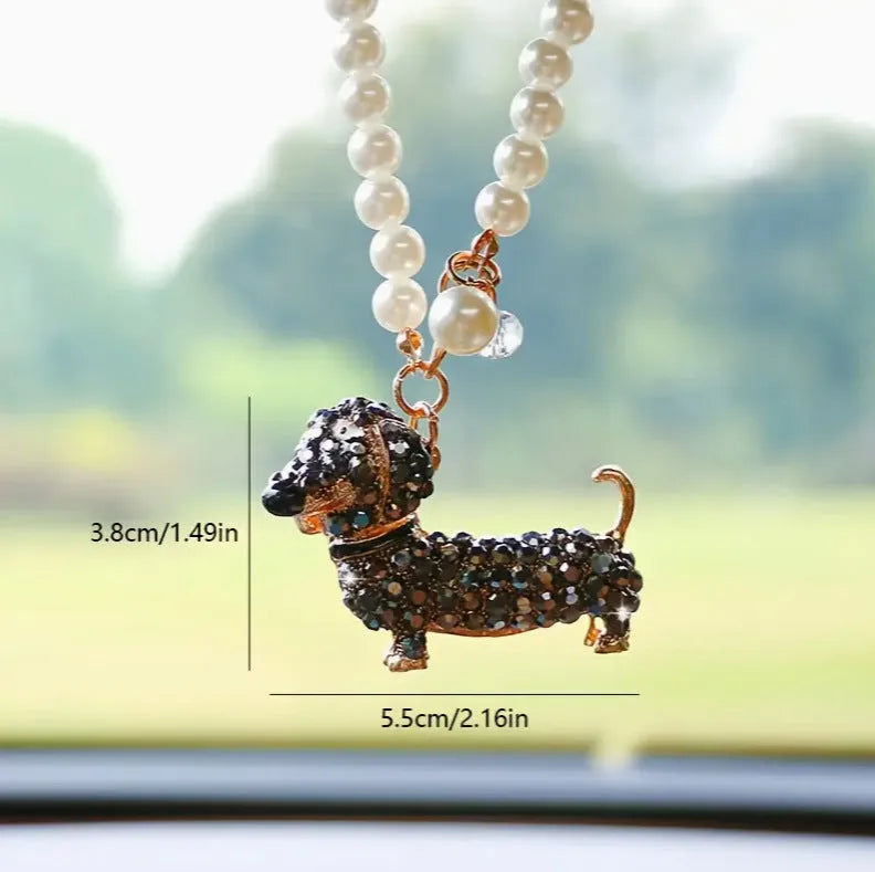 Diamond-embedded dachshund hanging car rearview mirror pendant in alloy light luxury style