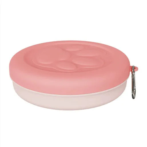 Portable two-piece dog food and water bowl in light green and pink colours, shown in large and small size options
