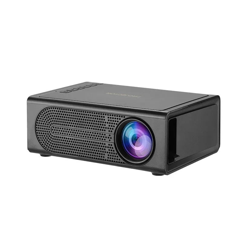 Black and white portable mini projector for wired mobile phone connection.