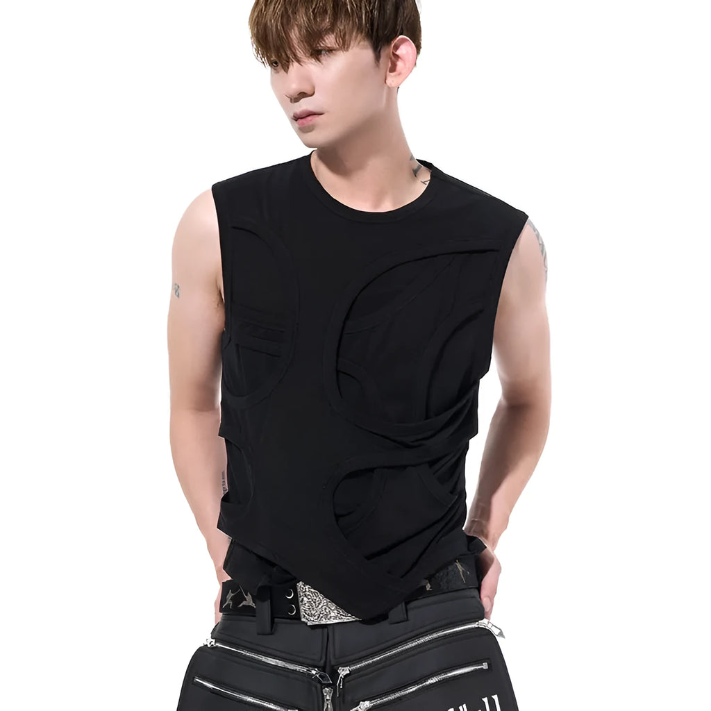 Men's solid black Lyocell tank top with round neck on a hanger.