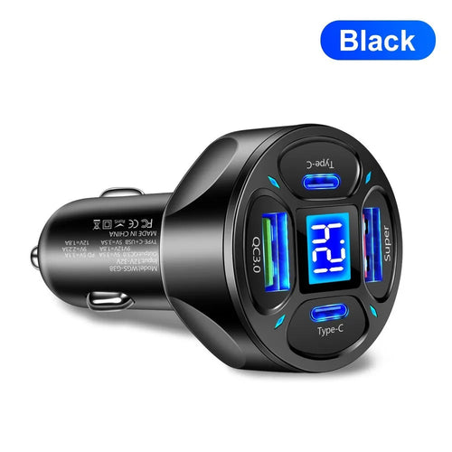 66W digital display car charger with two USB and two Type-C ports showing compact black design