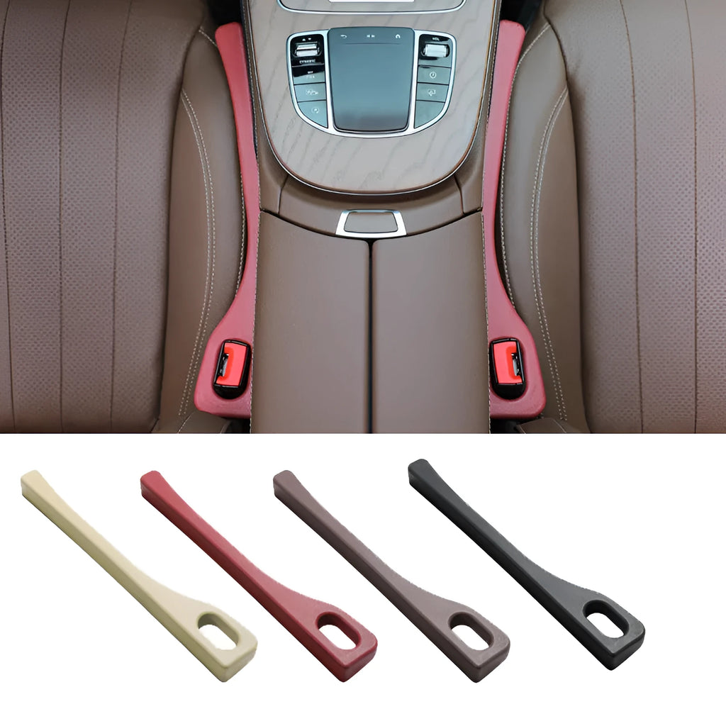 Flexible polyurethane car seat gap filler strip in beige colour on a car seat.