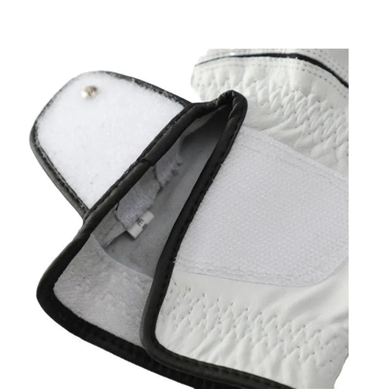 Men's white half sheepskin golf glove showing non-slip palm and breathable back.
