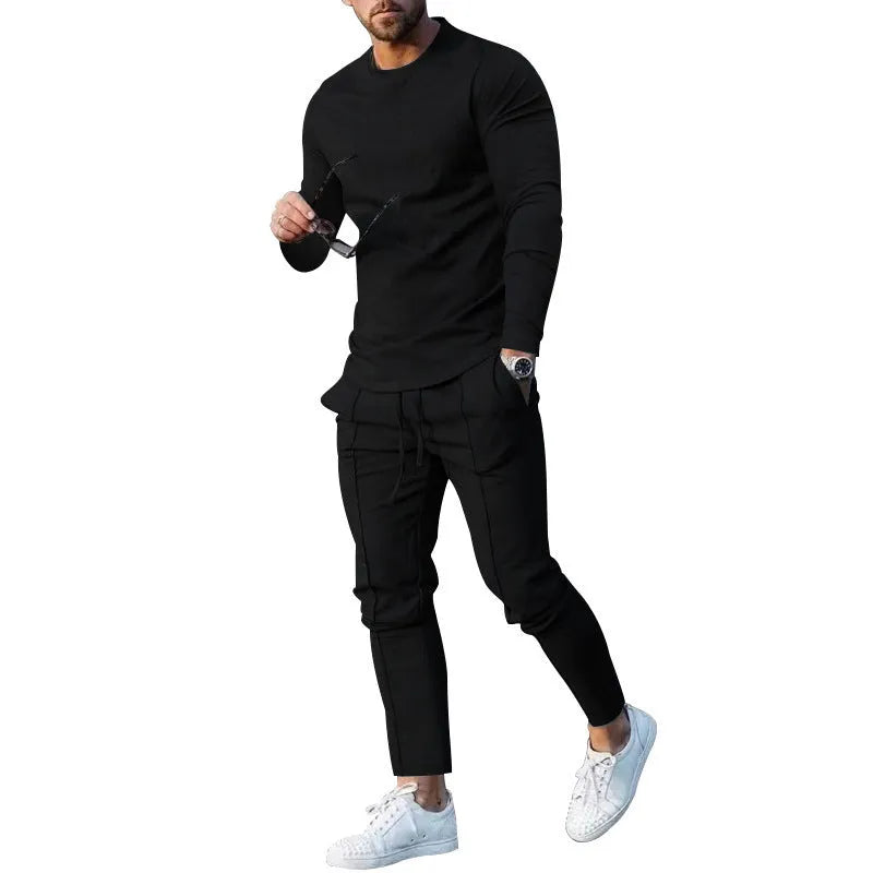 Men's light grey round neck long sleeve T-shirt and trousers two-piece polyester casual set