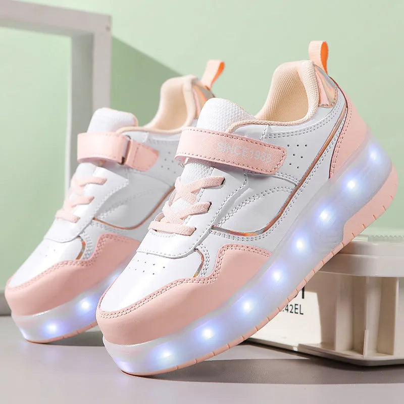 Charging flash roller skates with LED light-up wheels in black, pink, purple and white colour options