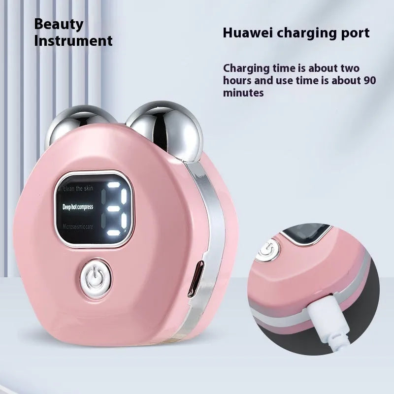 White portable facial massager with double rollers and micro current hot compress function.