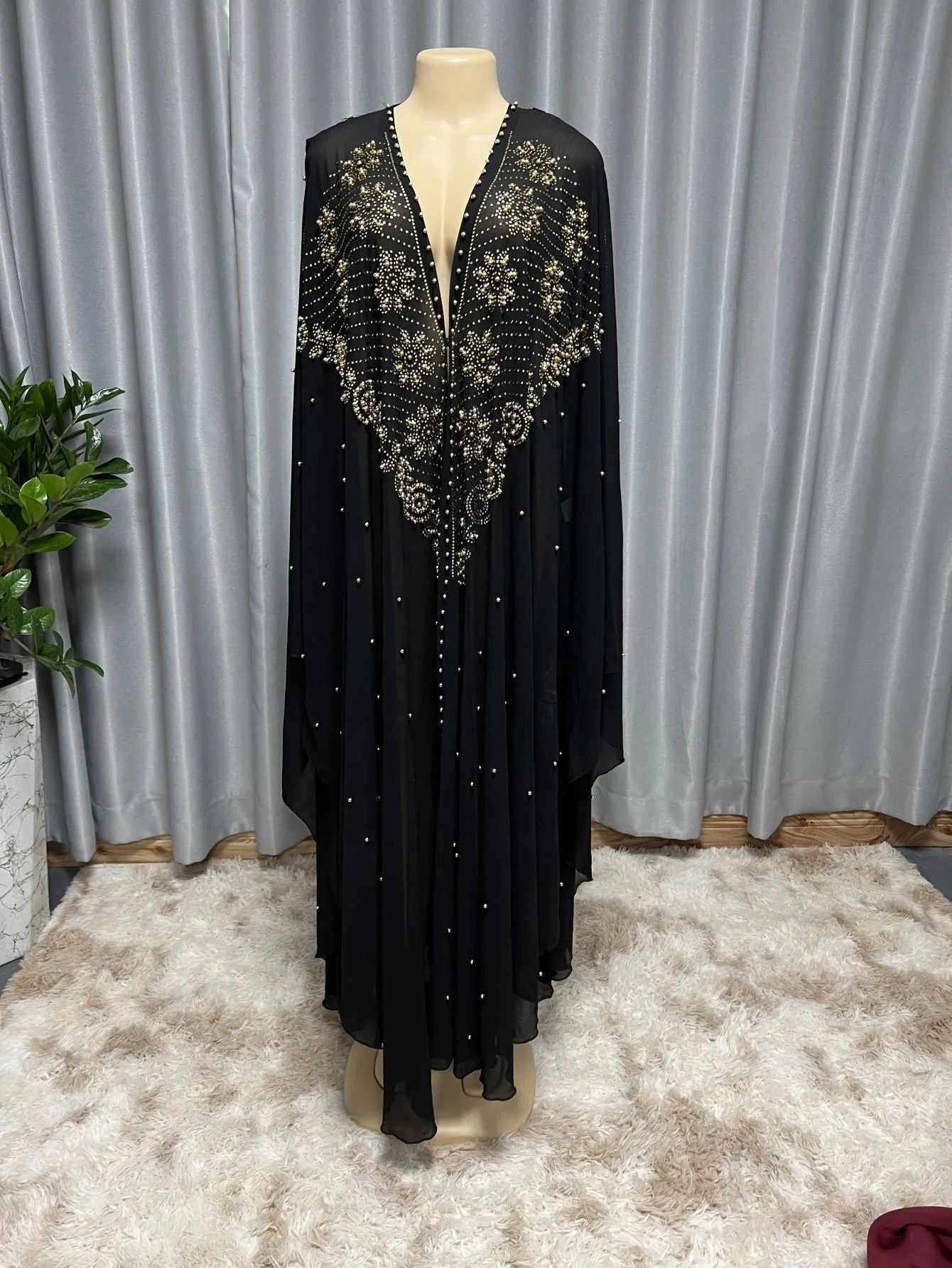 Muslim style chiffon cape shawl with rhinestone beaded trim in various colours showing 135-175cm length