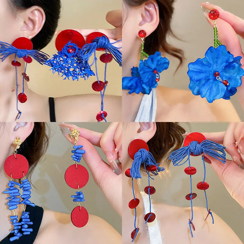 Geometric cloth earrings with silver needle-blue resin flower colour and round design details