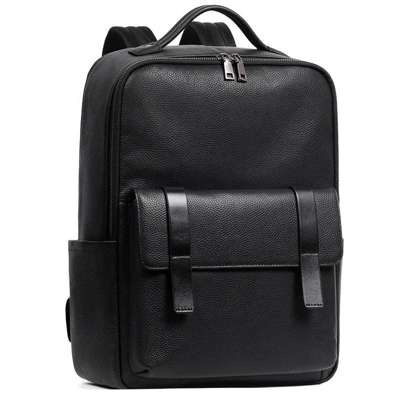 Black genuine leather men's computer backpack with a 36-55L capacity and contoured back plate.