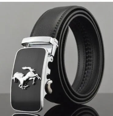 Men's black leather belt with automatic buckle, 3.5cm width, first layer cowhide construction