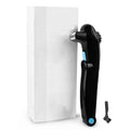 Black folding electric body hair shaver on a white background.