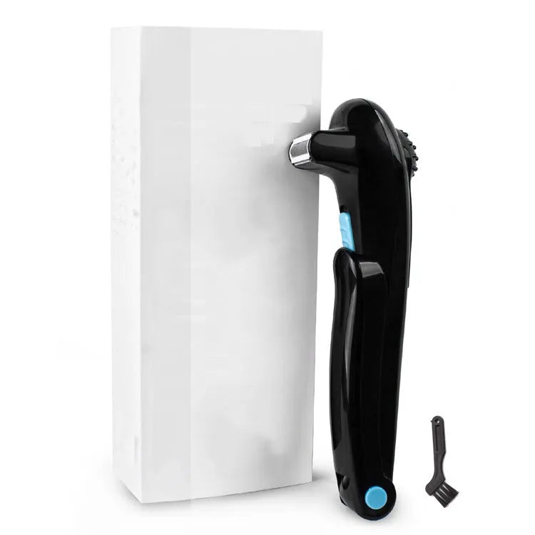 Black folding electric body hair shaver on a white background.