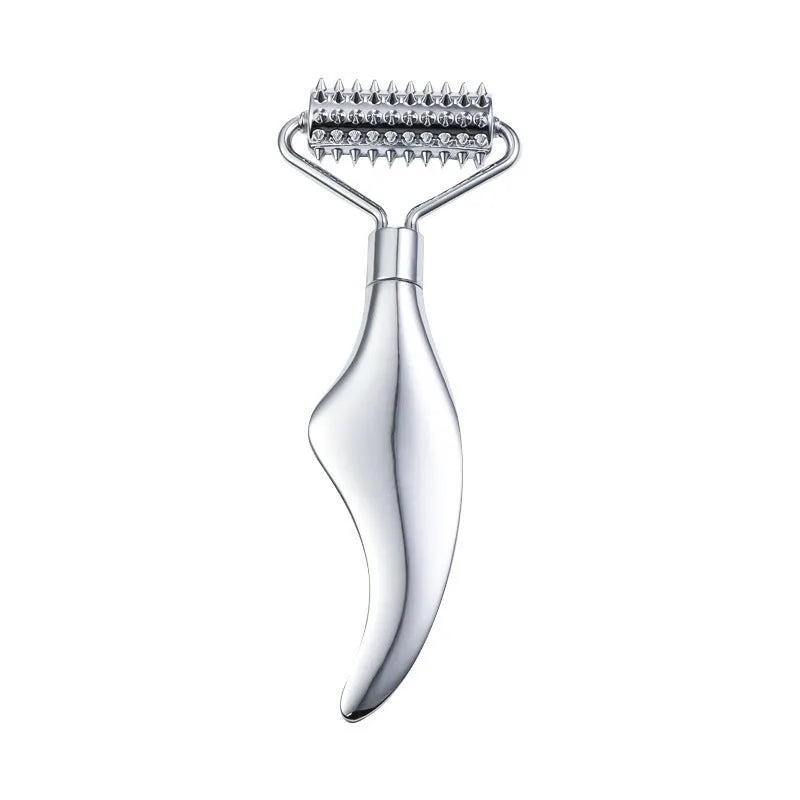 Stainless steel facial massage board with double head roller and heart-shaped eye poking stick for acupressure therapy