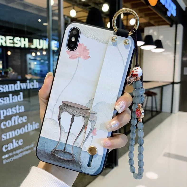 Rose flower pattern silicone wrist strap for iPhone phone cases