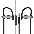 Sport ear hook headphones with microphone in black blue colour, showing over-ear hook and silicone earbuds.