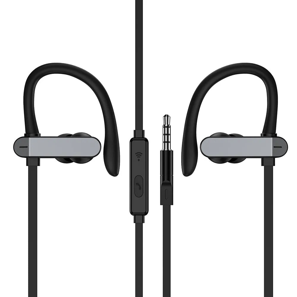 Sport ear hook headphones with microphone in black blue colour, showing over-ear hook and silicone earbuds.