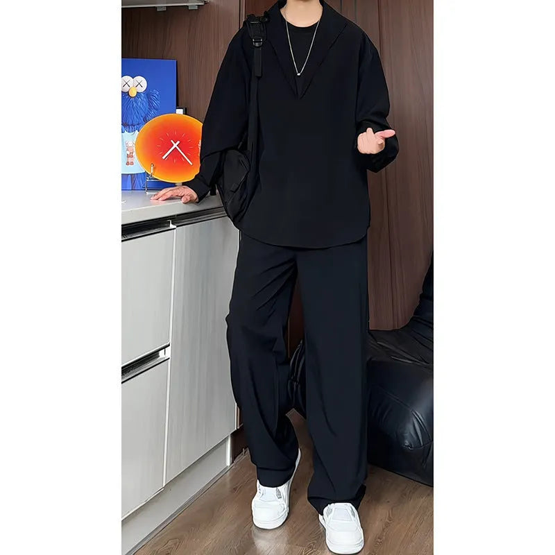 Men's black slim fit hemp polo shirt and trousers two-piece casual suit set on hanger