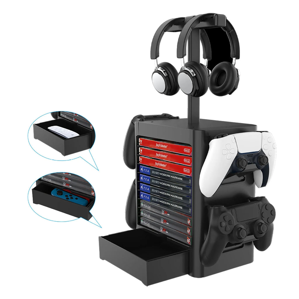 Black gaming console storage rack holding controllers headphones and game accessories