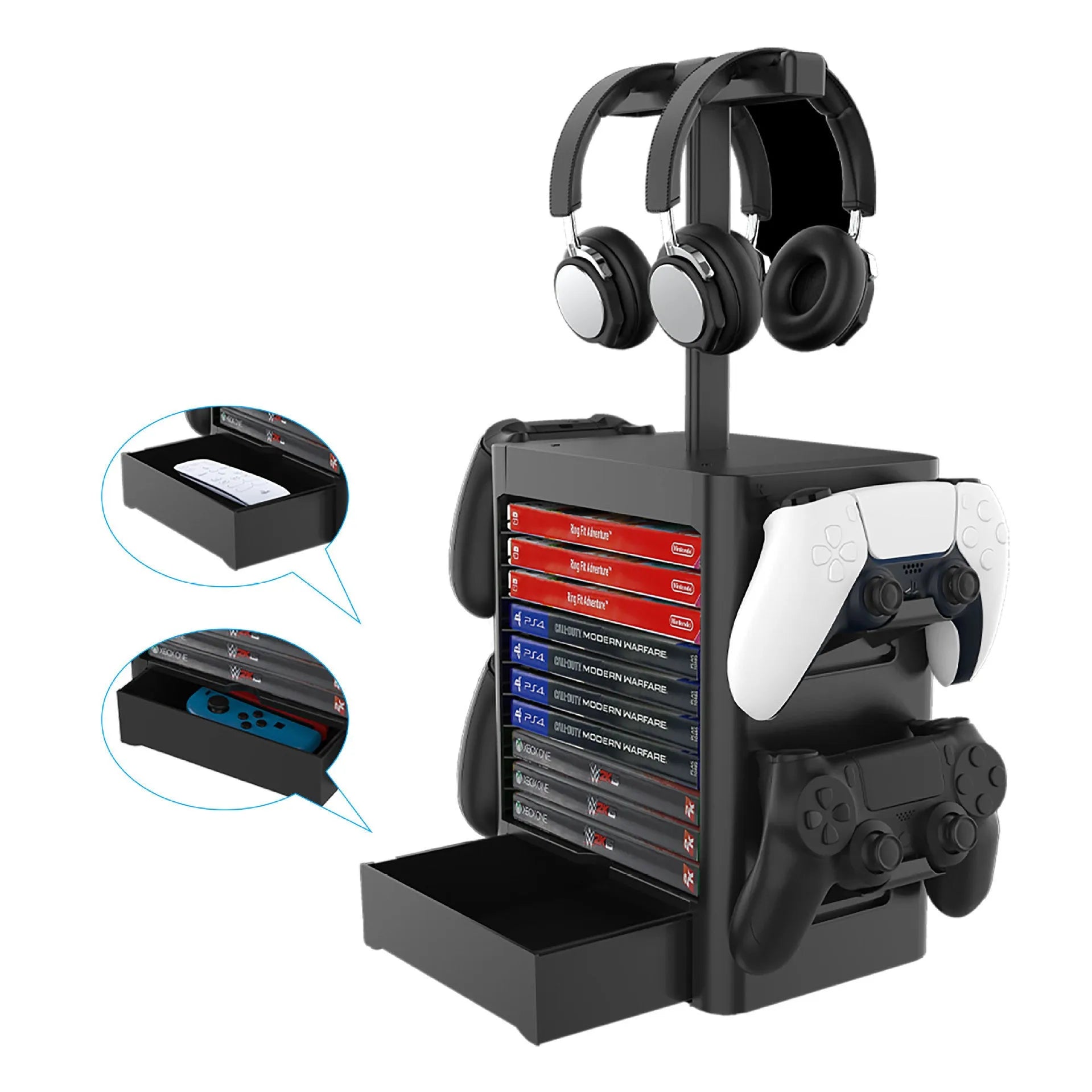Black gaming console storage rack holding controllers headphones and game accessories