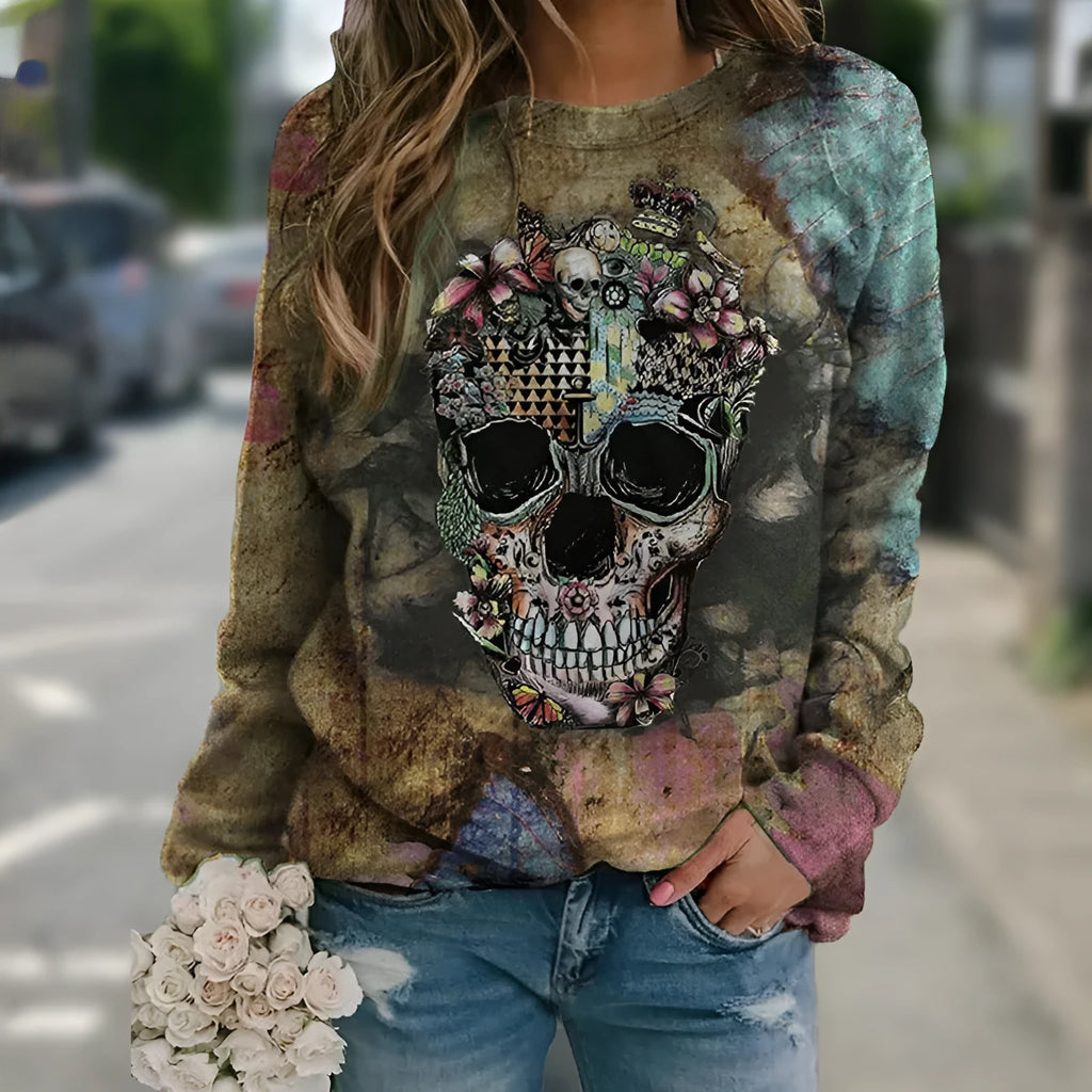 Black men's long sleeve sweatshirt with skull print design on front