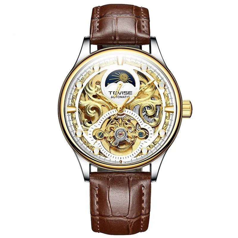 Men's automatic waterproof mechanical watch with leather strap in business style