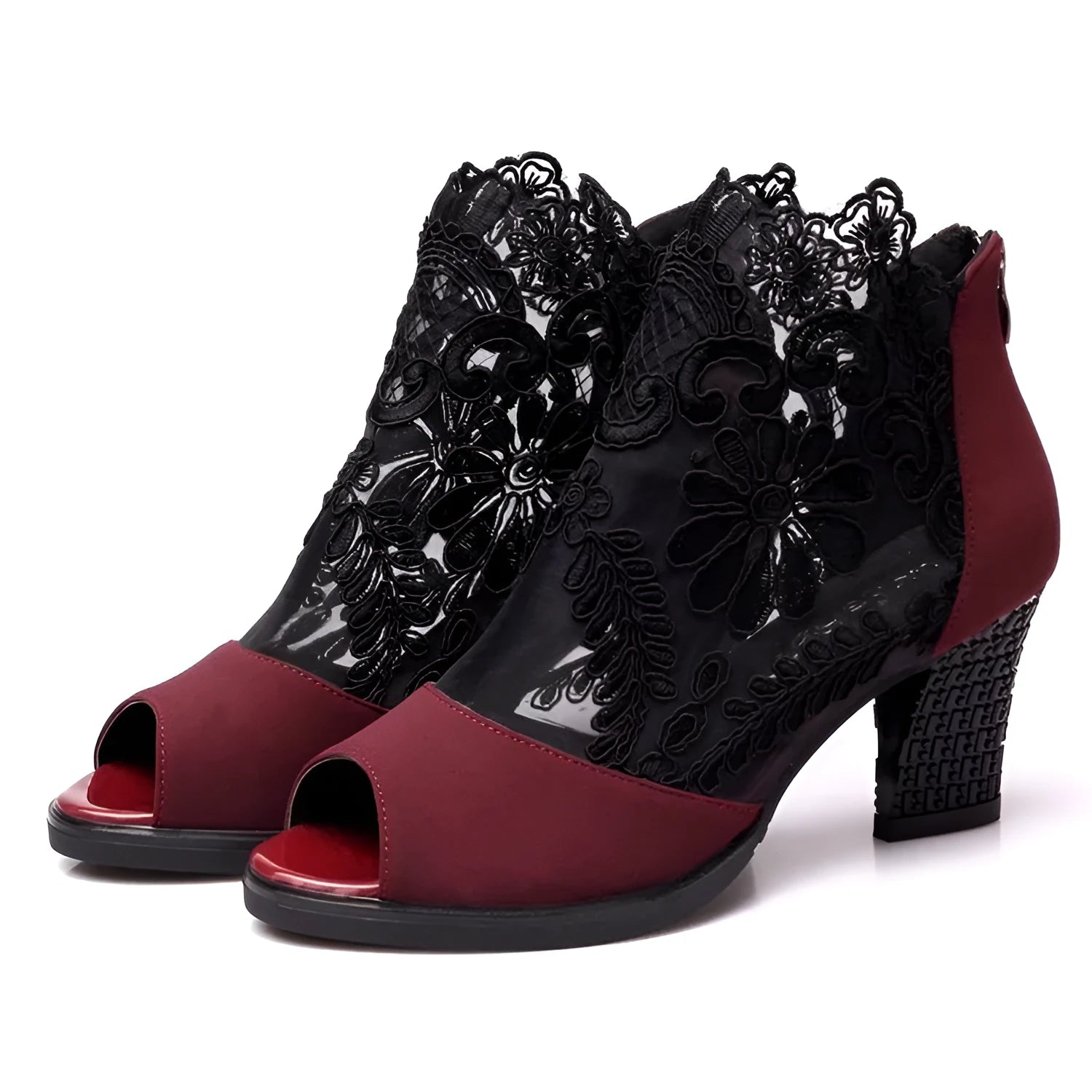 Black lace gladiator sandals for women with a square high heel and peep toe, showing zip closure.