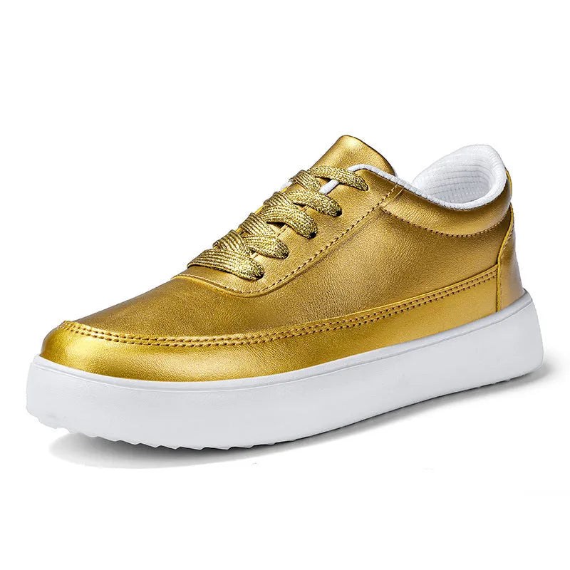Women's white leather lace-up casual flat shoes on a neutral background.