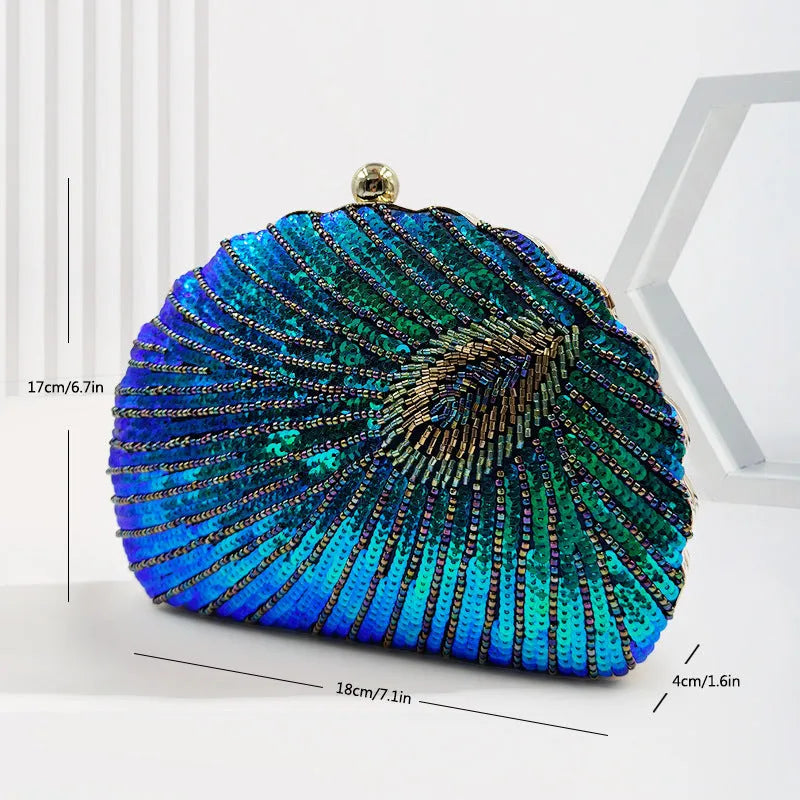 Women's vintage beaded one-shoulder crossbody chain handbag in blue with silk surface and hard structure
