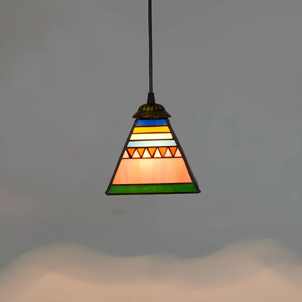Small art stained glass droplight pendant with coloured glass shade and iron ceiling plate.