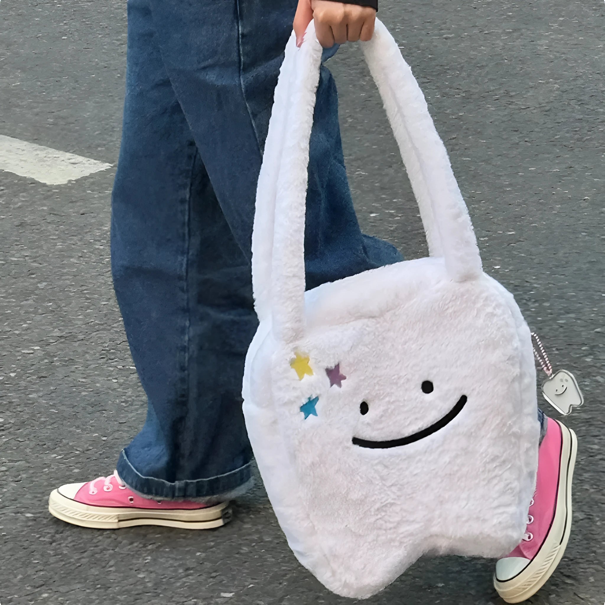 White plush shoulder tote bag with cute teeth pattern and zipper closure