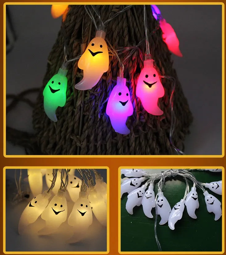 Halloween LED string lights with pumpkin bat ghost spider pendants on 1.2m white cord