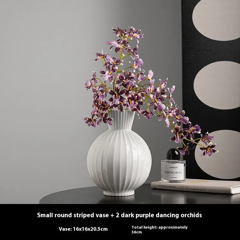 White ball-shaped ceramic vase with stripes, an American country style living room table decoration.